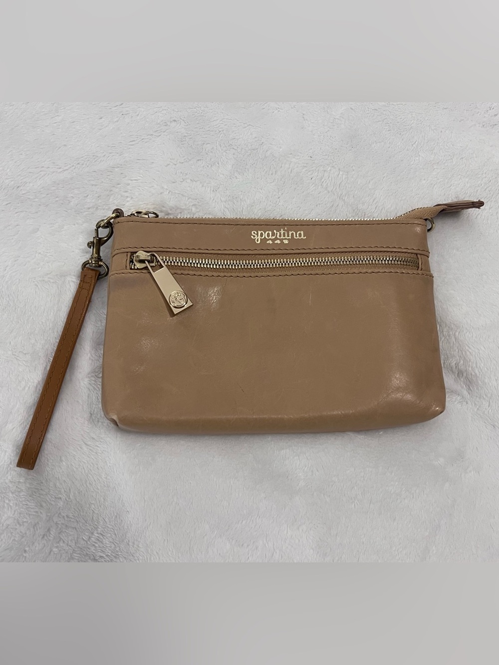 Spartina 449 Leather Wristlet Zipper Pouch Tan